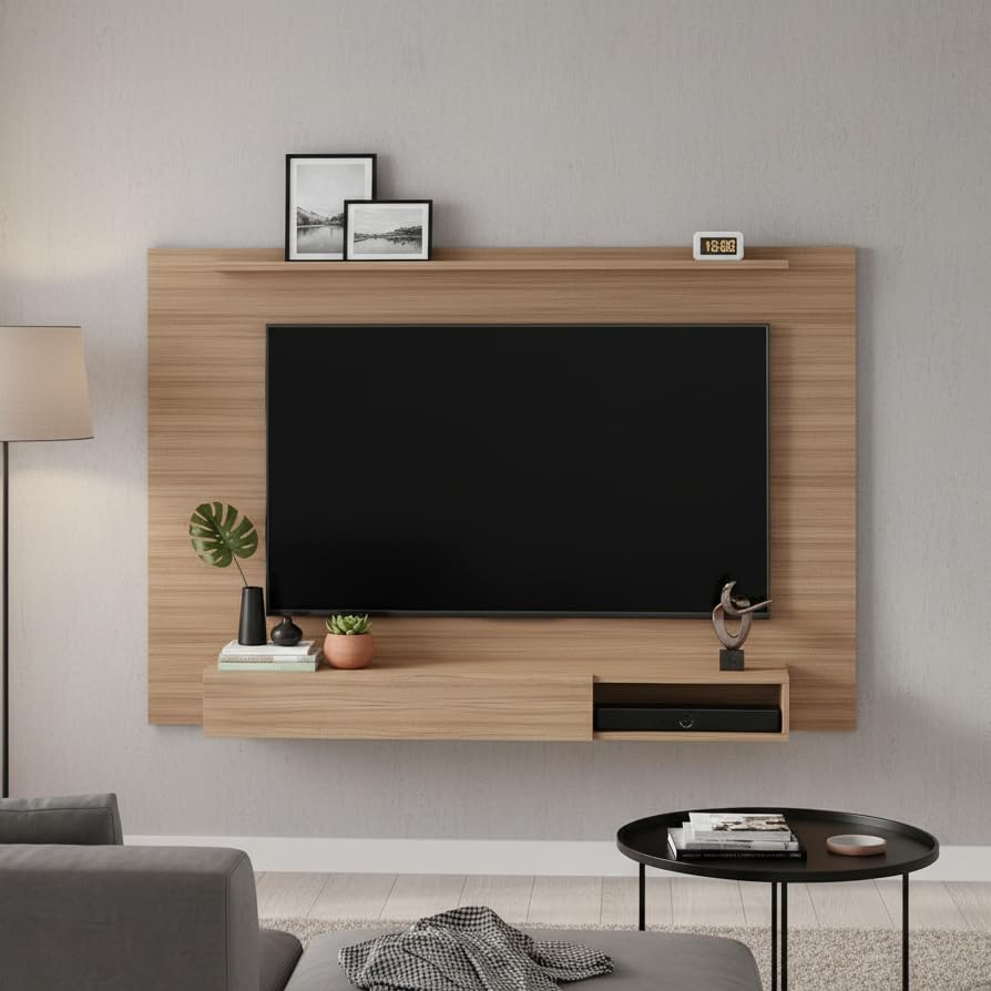 Image of FURNEASER Reyroy Wall Mounted TV Unit for Living Room | Wooden TV Panel with Floating Cabinet & Storage Shelf | Modern Entertainment Unit for Upto 60 Inch TV (Exotic Teak)