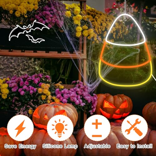 Image of Rossesay Thanksgiving Candy Corn Neon Sign for Wall Neon Light up Sign for Thanksgiving Day Dimmable LED Neon Lights Hanging Neon Sign for Home Bar Stores Window Porch Front Door Thanksgiving Decor
