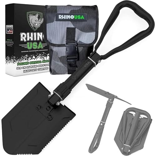 Rhino USA Folding Survival Shovel with Pick – Heavy Duty Carbon Steel Folding Shovel for Off Road, Camping, Gardening, Beach, Digging Dirt, Sand, Mud & Snow
