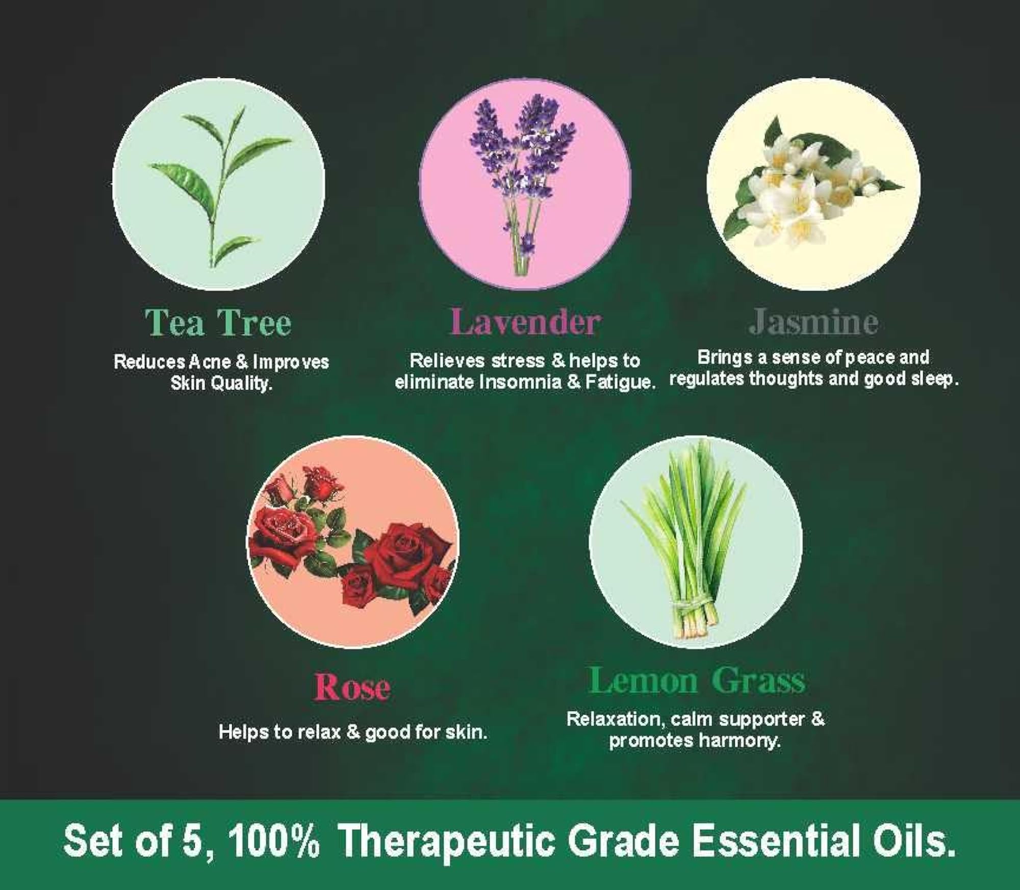 UMBER Essential Tea Tree, Lavender, Jasmine, Rose, Lemon Grass Natural Aromatherapy Pack