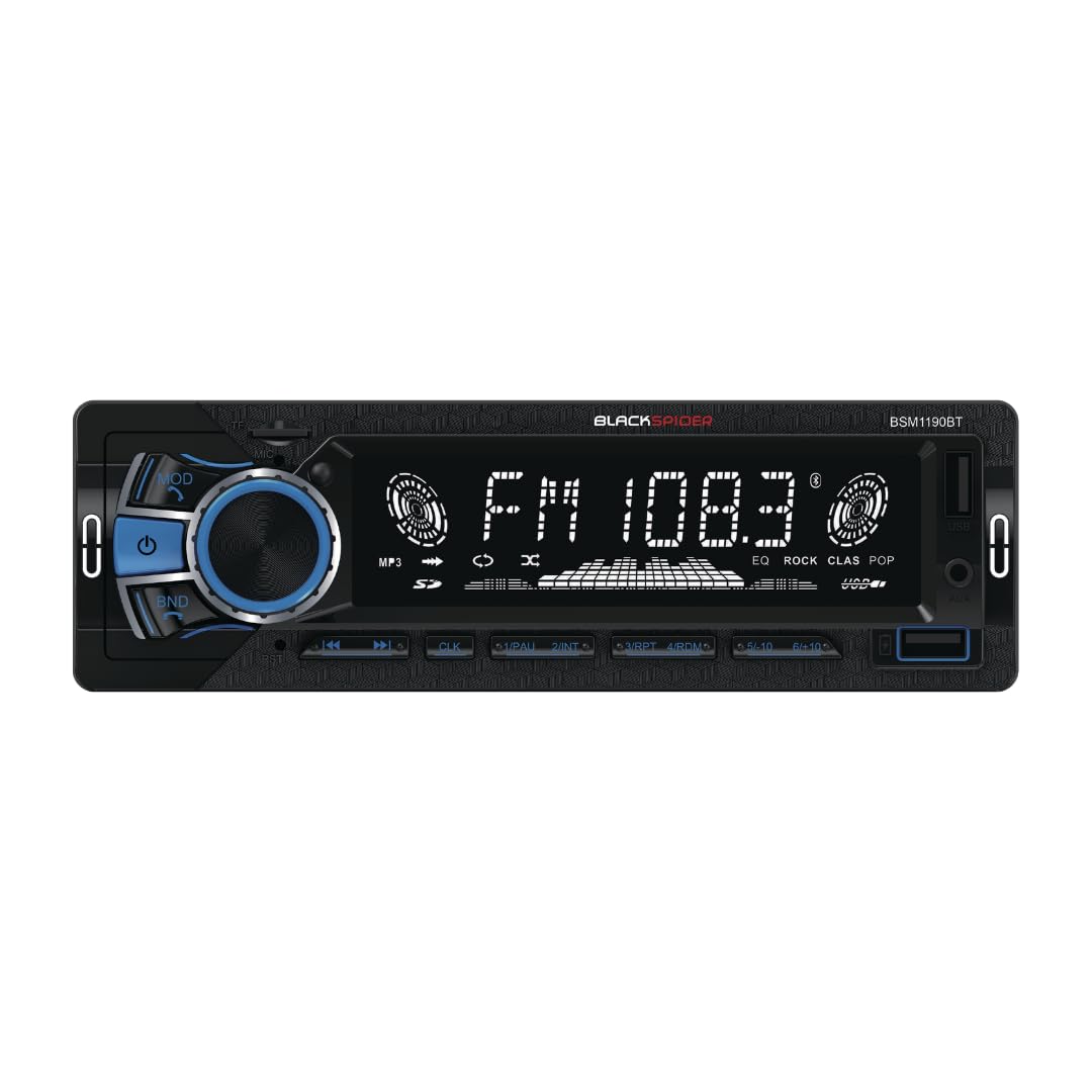 Front view of the Blackspider BSM1190BT Media Player with its multi-color display showing FM 107.7, control buttons, USB port, and Type-C port.