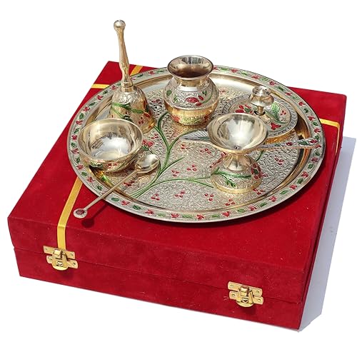 Image of Pure Source India Flower Embossed Colourful Meenakari Decorated Premium Brass Pooja Thali Set with Red Velvet Box, Festival Religious Return Gift Item