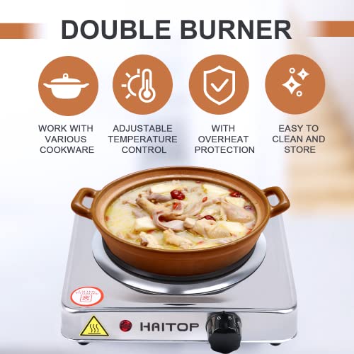 Haitop Countertop Burner Electric Single Burner Stainless Steel 1000 Watts Electric Hot Plate 6 Temperature Controls Power Indicator Lights Easy To Clean #TOP6