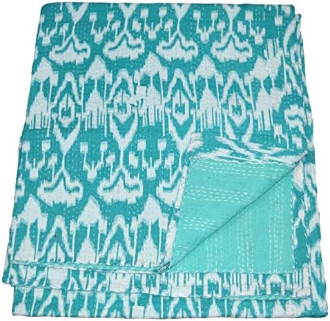 Yuvancrafts Indian Traditional Ikat Print Kantha Quilt Pure Cotton Queen Size Quilt Blanket Bedspreads Throw