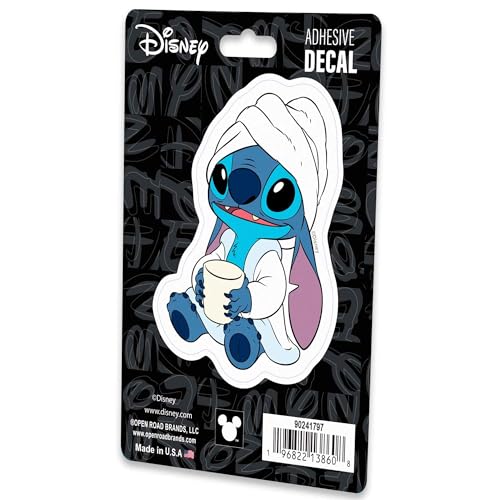 Image of Disney Lilo and Stitch with Coffee Cup Adhesive Vinyl Decal - Fun Morning Stitch Sticker for Car