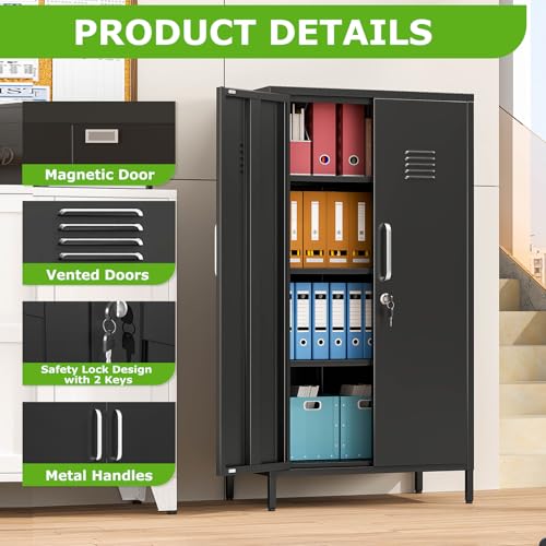 Image of PAOFIN 47 inch Metal Storage Locker, Lockable Employees Metal Locker with 2 Door and Adjustable Shelves, Steel Locker for Home, School, Office, Gym (Black)