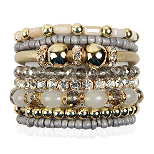 Bohemian Natural Stone Beaded Multi Layer Versatile Statement Bracelets - Sparkly Crystal, Wood, Tassel Charm Stackable Stretch Prayer Cuff Bangles (Leatherette Mix - Gray)