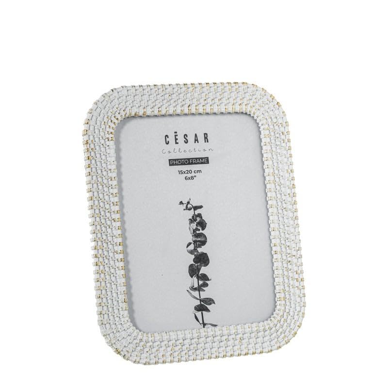 Marco de Resina Decorado DRW Portafotos Elegante Blanco y Oro 10x15 cm