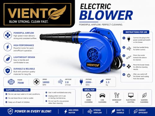 Image of 700W Electric Air Blower for Dust Cleaning High Speed Portable Handheld Air Blower with Extension Nozzle for PC Laptop Keyboard CPU Car Interior Home Office Workshop Cleaning (Blue)