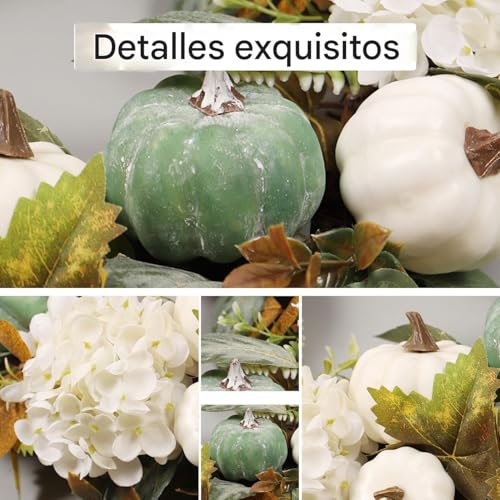 Corona de otoño artificial con calabazas y hojas de arce para decoración exterior de porche 8