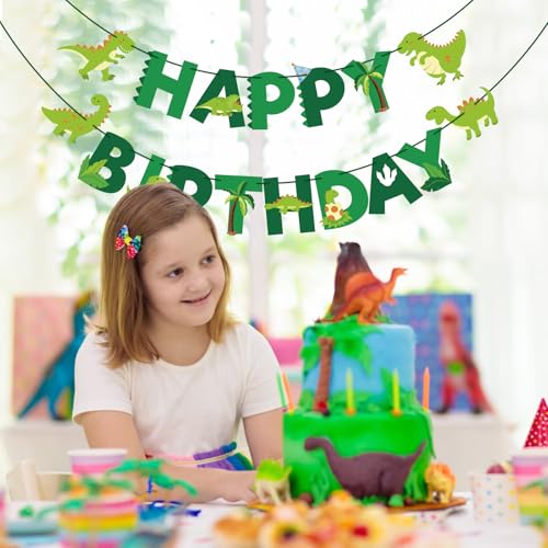 Image of Hooqict Dinosaur Happy Birthday Banner Birthday Party Decorations Dinosaur Party Banner Garland Sign for Kids Boys 1st 2nd 3rd Green Dino Themed Birthday Decorations Supplies