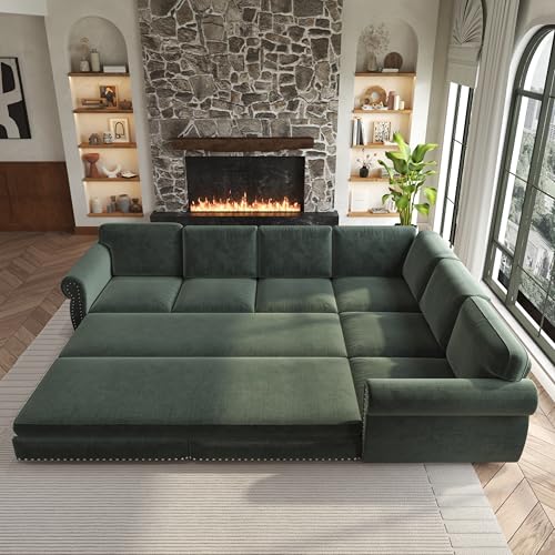 Image of KEIKI Chesterfield Couches 118 inch L-Shaped Sectional with Pull Out Sofa Bed, Rolled Arm Upholstered Sofa 6 Seater Couch for Living Room Apartment Office, Green