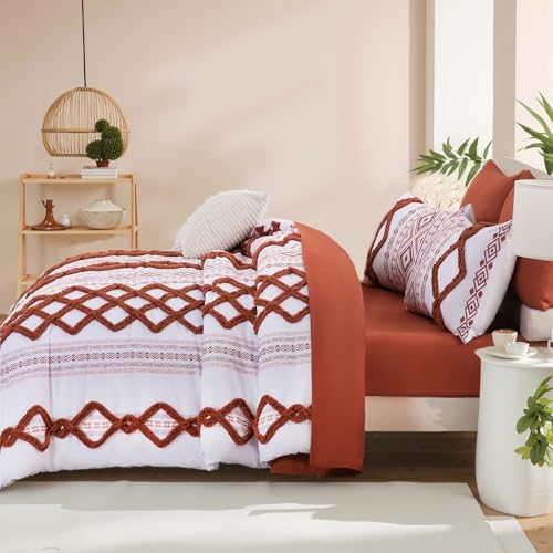 Image of MOVE OVER 7 Pieces Burnt Orange Tufted Bed in a Bag King Size Boho Chic Farmhouse Bedding Set Soft Microfiber Ethnic Aztec Comforter Sets for Bedroom Mid-Century Bohemian Bedding Comforter Set