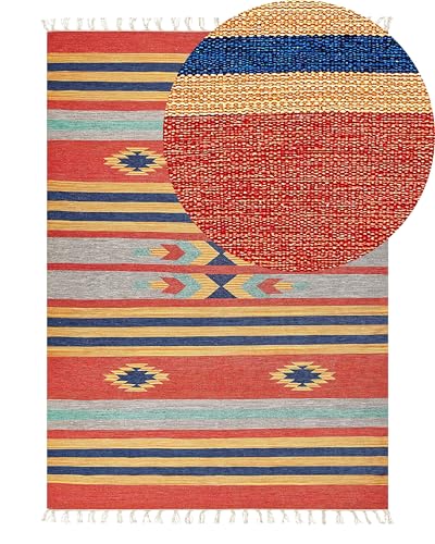 Image of Beliani Cotton Kilim Rug Handwoven 140 x 200 cm Reversible Geometric Pattern with Tassels Multicolour Hatis