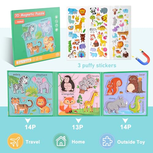 Image of ASTARON 3D Magnetic Animal Puzzle with 60 Puffy Stickers for Toddlers, 41 Pieces Puzzles Preschool Education Learning Travel Toys Car Plane Activities for Kids Road Trip Birthday Gifts | Folding puzzle, includes 3 bubble stickers, puzzle pieces with words, learn while playing, easy to store, educational toy