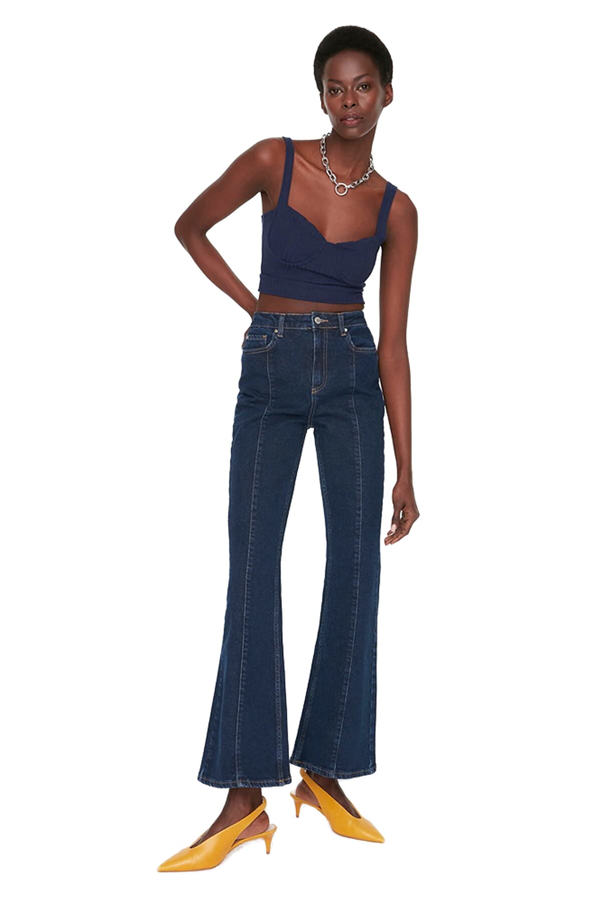 Trendyol Women's Navy Blue High Waist Flare Leg Flare Jeans Size 34