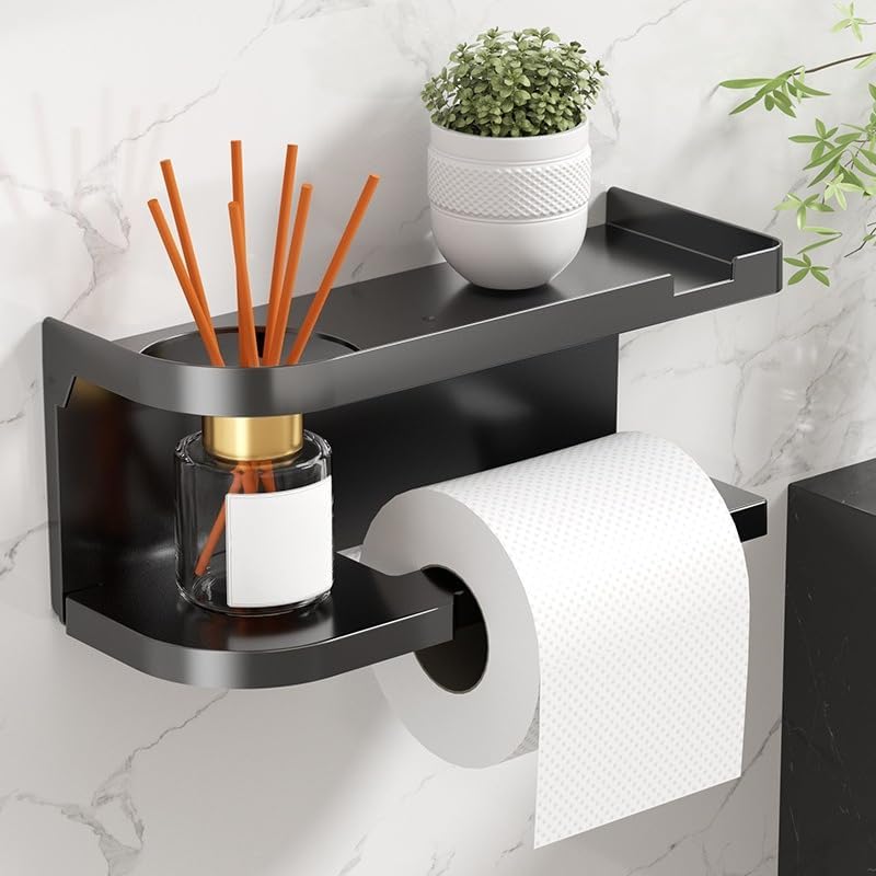 Hole-Free Toilet Paper Holder with Shelf - Can Hold Aromatic Items, for Bathroom Use (Black)