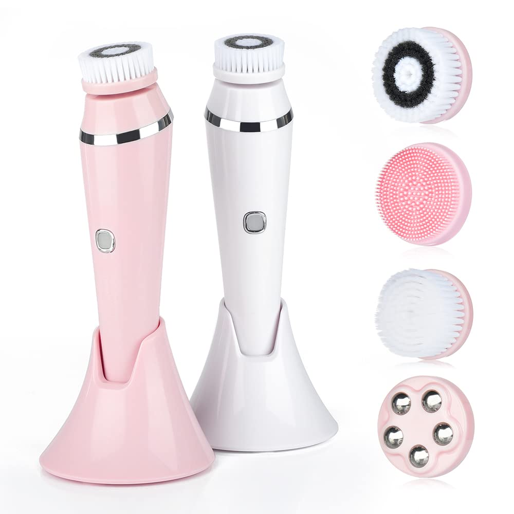 4 In 1 Electric Facial Cleansing Brush Rechargeable Face Cleanser Spin Brushes, Blackhead Removal, Deep Cleansing & Exfoliating (WHITE)