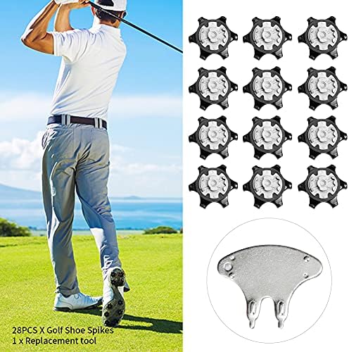 28pcs Golf Shoe Spikes, Non Slip Metal Thread Spikes Cleats Training Aids with Replacement tool Golf Sports Shoes golf spikes Easy Install for Firm to Hard Ground