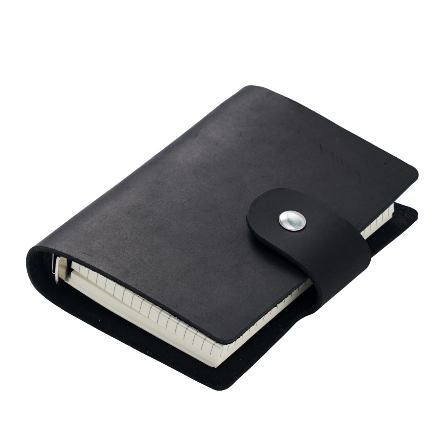 A8 Leather Pocket Notebook - Mini Cowhide Diary with Dot & Grid Pages, Refillable Loose-Leaf Notebook, Smooth Texture for Journaling, Planning, Sketching, Travel (Black)
