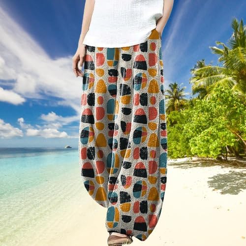 Women's Wide Leg Harem Pants Graffiti Printed Baggy Elastic Waisted Cotton Palazzo Summer Beach Trouser - Image 2