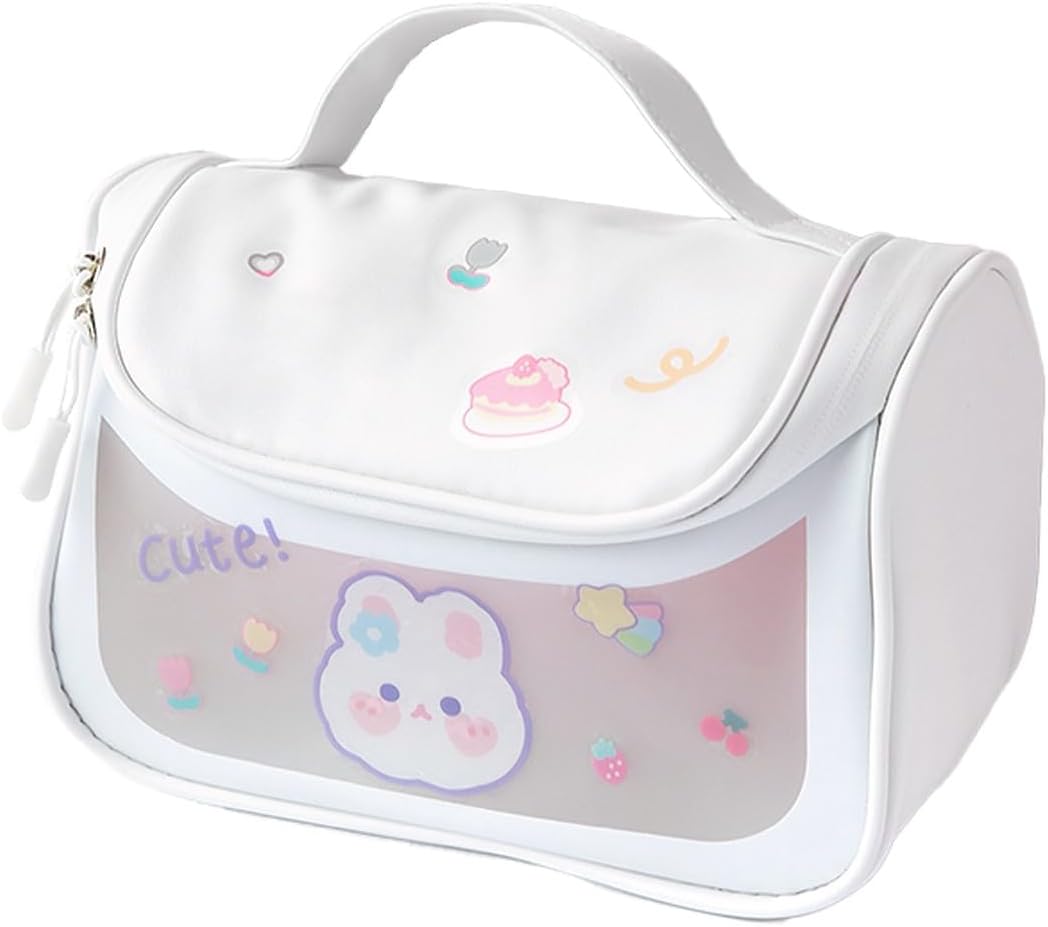 PVC Travel Cosmetic Bag (White, 18 CM) | Large Toiletry Vanity Makeup Kit Storage Organiser | Portable Grooming Pouch for Travel Essentials | Cute Bear Sticker Design Makeup Bag
