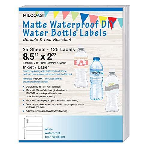 Milcoast Matte Waterproof Tear Resistant DIY Water Bottle Labels 8.5" x 2" for Inkjet/Laser Printers - 125 Labels (25 Sheets)