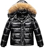 CREATMO US Boy's Thicken Puffy Coat Windproof Quilted Snowboarding Jacket Boys Insulation Warm Rain Coat With Fur Hood Shine Black 4-5