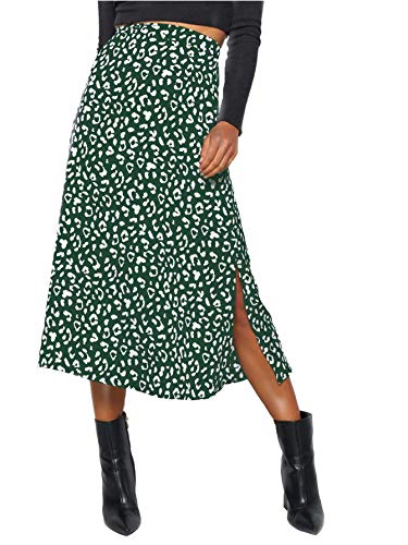 LYANER Women s Leopard Print Side Split High Waist Zipper Midi Skirt Green Medium