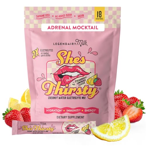 Image of Legendairy Milk She’s Thirsty Hydration Packets | Cortisol Supplement for Stress Relief & Adrenal Support | Coconut Water Electrolytes Powder, Strawberry Lemonade, No Sugar Added 18 ct