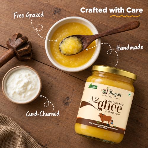 Image of The Bagdis Organic A2 Gir Cow Cultured Ghee | Vedic Bilona Method | Grass-Fed | 100% Organic & Farm Fresh Ghee Glass Bottle (1000ml)