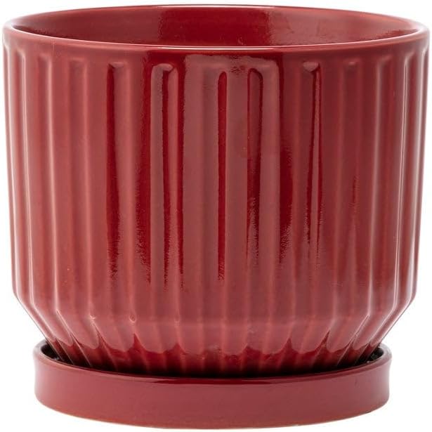 Napco Imports Indoor Outdoor Plant Succulent Herb Flower Pot with Saucer 6.25 Inch Ceramic Burgundy Ribbed