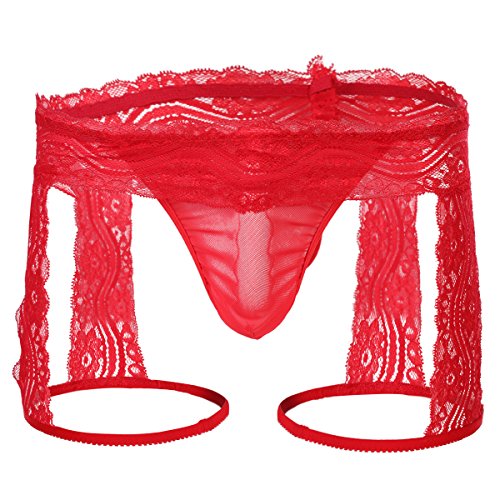 Menâ€™s Lace Underwear Boxer Briefs Micro G String Thongs Sexy/Sissy Bulge Pouch Panties Gay Exotic Open Butts Bikini Swimwear Jockstrap T-Back Underpants Male Lingerie Sleepwear Nightwear Red XL