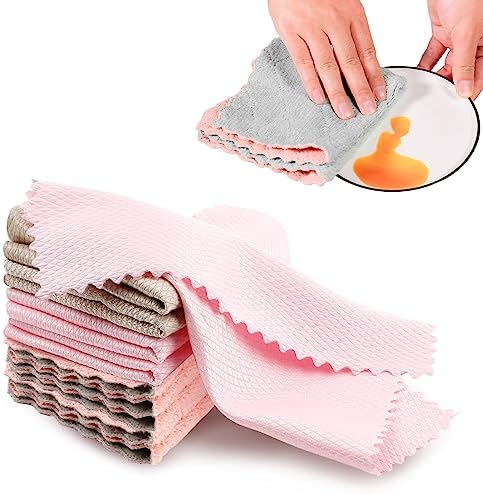 10 Pack Cleaning Cloth, 5 Pack Microfiber Reusable Fish Scale Cleaning Cloth, and 5 Pack Ultra Soft Absorbent Quick-Drying Dish Towels for Glass, Dishes, Mirrors, Stainless Steel Appliances