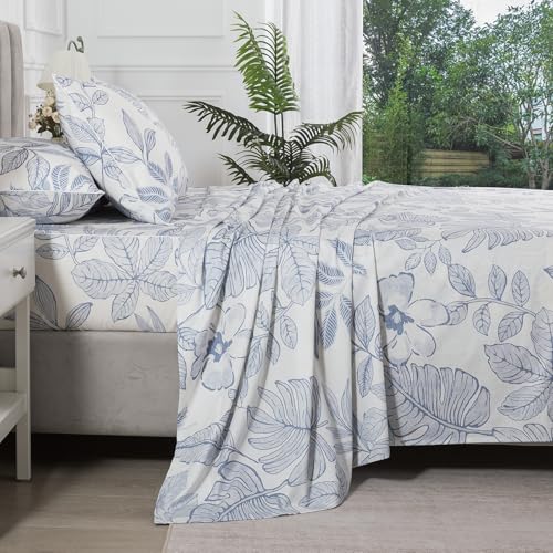 Image of Gray-Blue Floral Percale Sheets California King Hawaii Print, 4Pcs | Deep Pocket Light Beige 100% Cotton Toile Sheet Set, Neutral Flower Leaf Bed Sheets, Shabby Chic Bedding, Tropical Pattern