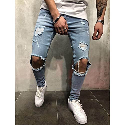 Men's Stretchy Knee Ripped Jeans Slim Fit Distressed Denim Pants Destroyed Causal Skinny Elastic Denim Trousers2