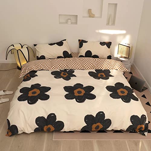 Image of KAREVER Black Floral Comforter Set Black Botanical Bedding Full Women Chic Blankets Lightweight Black Sunflower Reversible Bed Comforter Set Full Size