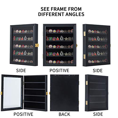 Image of Jinchuan Military Challenge Coin Display Case Lockable Cabinet Rack Holder Shadow Box with Removable 2 Grooves Shelves and Anti Dust Door for Casino Poker Chips Collectibles, Small - Black