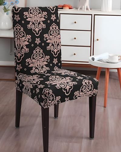 Image of Stretchable Dining Chair Cover - Washable, Removable, Anti-Slip, Protector, Universal Fit (Set of 2, Coffee Baroque Floral)