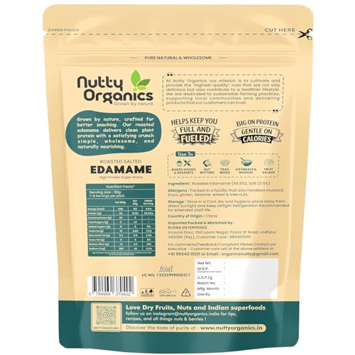 Image of Nutty Organics Roasted Salted Edamame, 1 kg (46% Protein, 14% Fiber, Lightly Salted Young Green Soybeans, Highest Plant Protein Supersnack) 500g*2