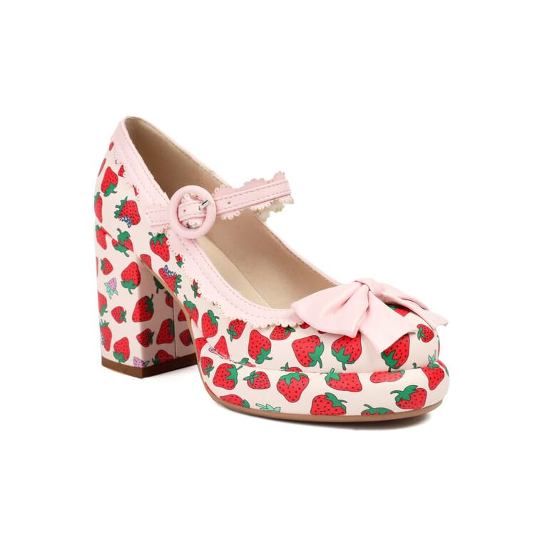 Women's Strawberry Printing Mary Janes Platform Square High Heel Pumps
