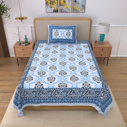 Image of 100% Cotton Single Bedsheet with 1 Pillow Cover | 240 TC Pure Cotton Flat Bed Sheet | Traditional Jaipuri Printed Bedding Set | Soft & Breathable | 60 x 90 Inch (Rangmahal Single 42)