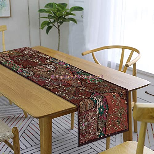 Ethnic Cotton Decorative Indian Dinning Art Table Patchwork Beads Embroidered Room Handmade Decor Cloth Table Runner (Brown, 12" x 60")