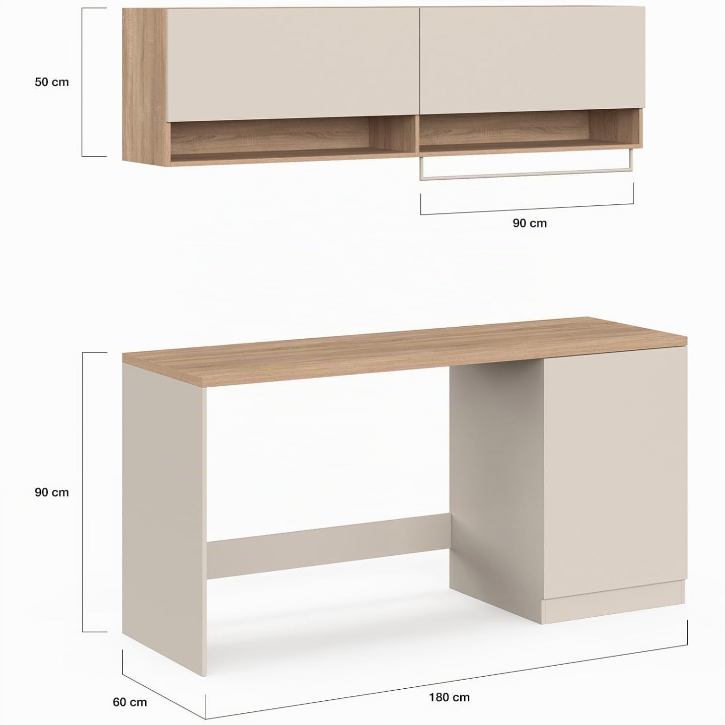 IDMarket – Mueble de lavandería, lavadora y secadora TOMI con encimera L. 180 cm y armarios Beige y Madera