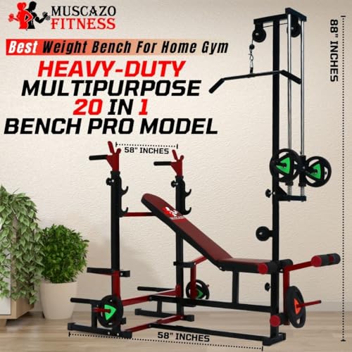 Image of 20 in 1 Home Gym Bench Pro with 10Kg Rubber Coated Weight Plates Combo Kit, Curl Rod, Straight Bar, Dumbbells, Plates, Skipping Rope, Gripper & Gloves, Full Body Workout Set, Ultimate Strength Kit