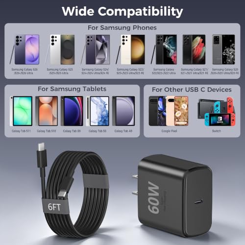 Image of 60W Type C Charger, 2Pack Super Fast Type C Android Phone Charger USBC 6FT