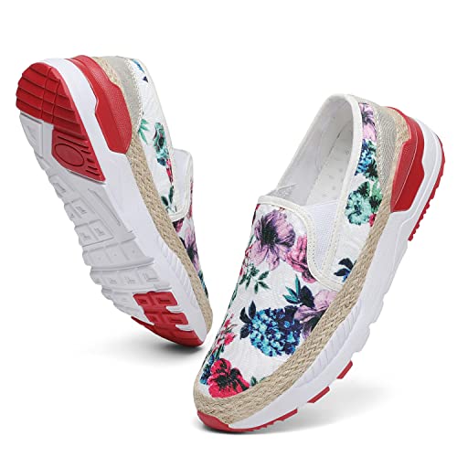 Dannto Women'S Art Loafers Embroidered Floral Boat Sneakers Slip-On Ladies Walking Shoes Red White 38,Size 7.5 thumb #2