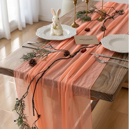 Image of Fresh Salmon Cheesecloth Table Runner 120 Inches for Party Home Decorations | For Thanksgiving Friendsgiving Wedding Bridal Shower Baby Shower Engagement Party 10FT Rustic Boho Home Decor