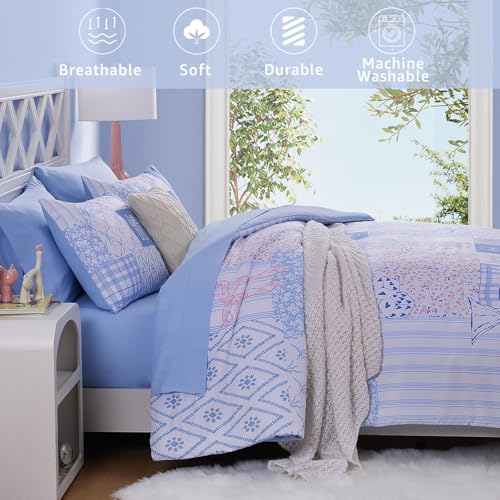 Image of Twin XL Comforter Set for Girls Blue Bow Floral 5 Pieces Bed in a Bag