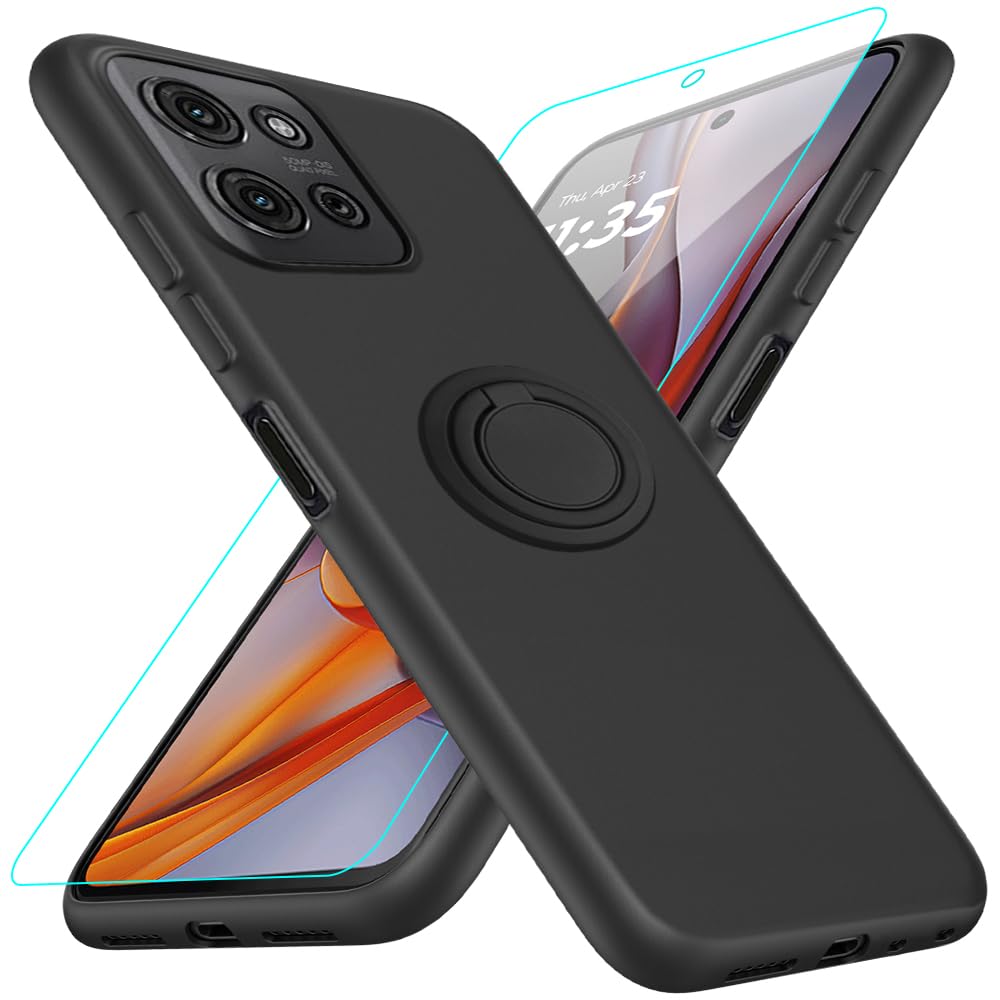 Case for Motorola Moto G75 Phone Case with Glass Screen Protector, 360° Rotatable Ring Holder Kickstand/ Stand Silicone TPU Shockproof Protective